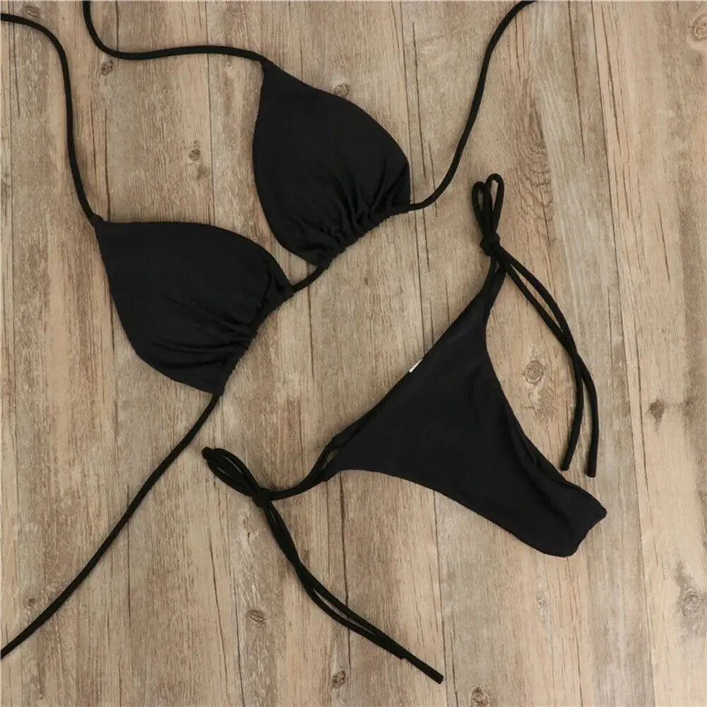 Conjunto de lencería sexy para mujer, top corto, sujetador y braguita, color liso, push up, tanga transparente