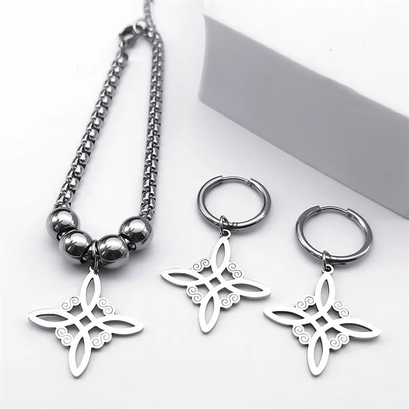 Conjunto de joyas de acero inoxidable, colgante de nudo celta irlandés, collar, pendientes, pulsera, anillo, brujería, bruja