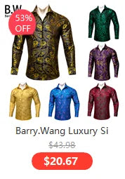 Camisas de seda de diseño para hombre en azul, dorado, verde, rojo, blanco y negro. Estampado cachemir bordado. Corte ajustado. Blusas casuales de manga larga.