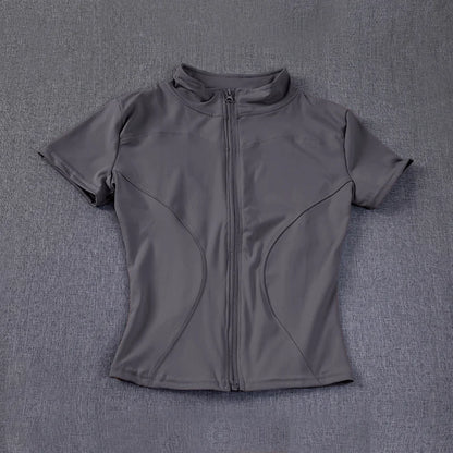 Camisetas de entrenamiento adelgazantes de cintura de verano de alta calidad para mujer, de secado rápido, con cuello alto ajustado y cremallera completa, camisetas de yoga de manga corta.