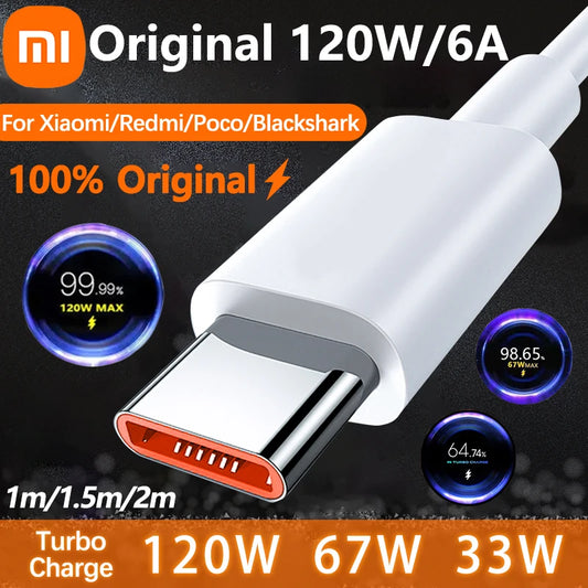 Cable de carga rápida Turbo original Xiaomi 6A 120W 67W USB Tipo C para Mi 15, 14T Ultra, Redmi Note 14, 13 Pro Plus, K80, Poco F5