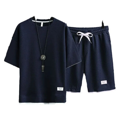 Conjunto deportivo informal de verano para hombre, pantalones cortos de manga corta con cordón, pantalones holgados de cinco cuartos, traje fino de dos piezas para hombre