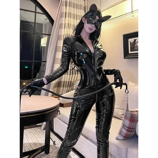 Halloween Catwoman Leather Jumpsuit Nightclub Queen Role Play Bunny Girl Uniform Adult Party Stage Performance Outfit Costume