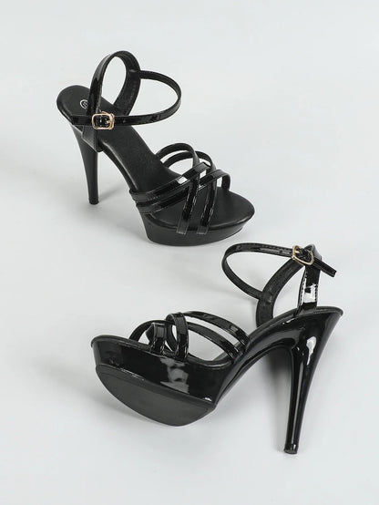 Zapatos de tacón alto para mujer, talla 43, con tiras finas, estilo pasarela, de 13 cm, con plataforma sólida, para fiesta y discoteca, color negro