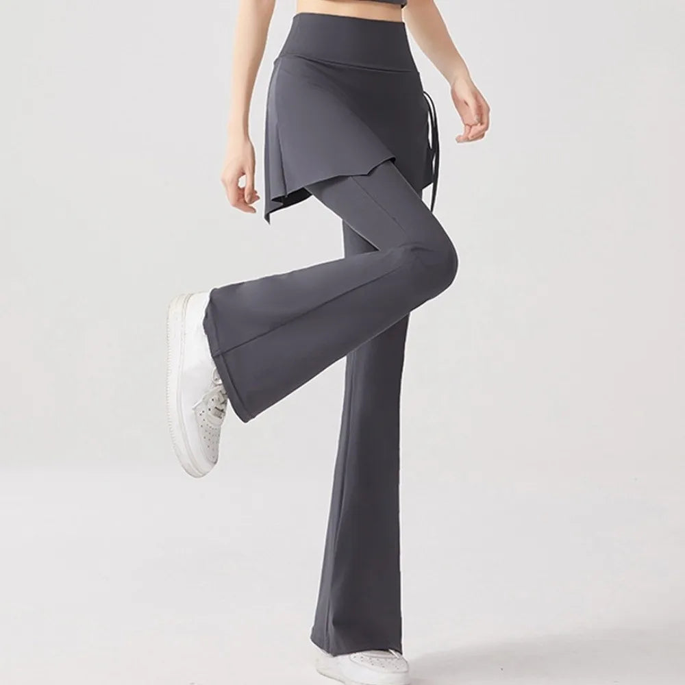 Leggings deportivas 2 en 1 con diseño de falda, dobladillo acampanado, cintura alta y cordón ajustable para yoga, actividades al aire libre y fitness.