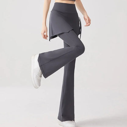 Leggings deportivas 2 en 1 con diseño de falda, dobladillo acampanado, cintura alta y cordón ajustable para yoga, actividades al aire libre y fitness.
