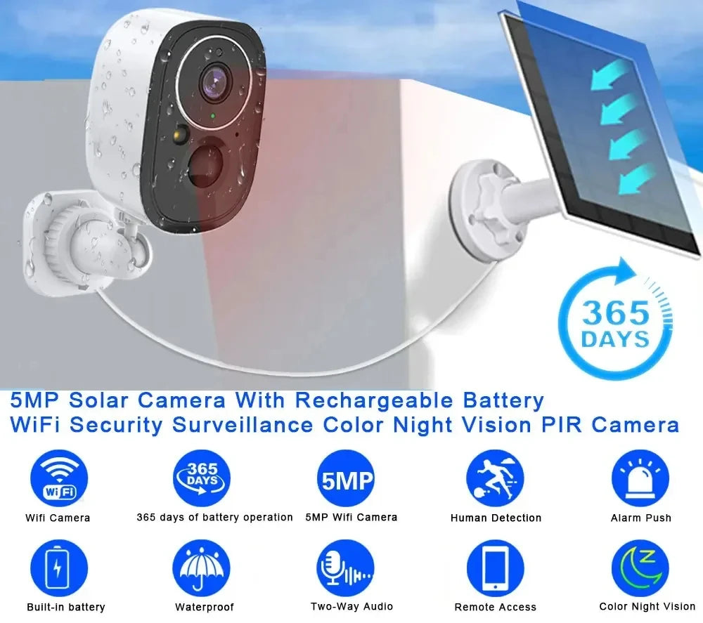 Cámara de seguridad exterior inalámbrica Tuya de 5 MP con WiFi y energía solar, batería de bajo consumo, sensor PIR de presencia, cámara IP de vigilancia a color para visión nocturna