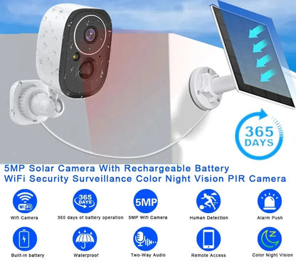 Cámara de seguridad exterior inalámbrica Tuya de 5 MP con WiFi y energía solar, batería de bajo consumo, sensor PIR de presencia, cámara IP de vigilancia a color para visión nocturna