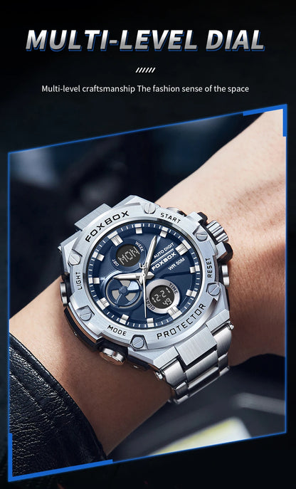 FOXBOX Relojes deportivos de lujo para hombre, reloj de pulsera de cuarzo de lujo, acero, resistente al agua, doble pantalla, relojes militares para hombre, reloj hommes