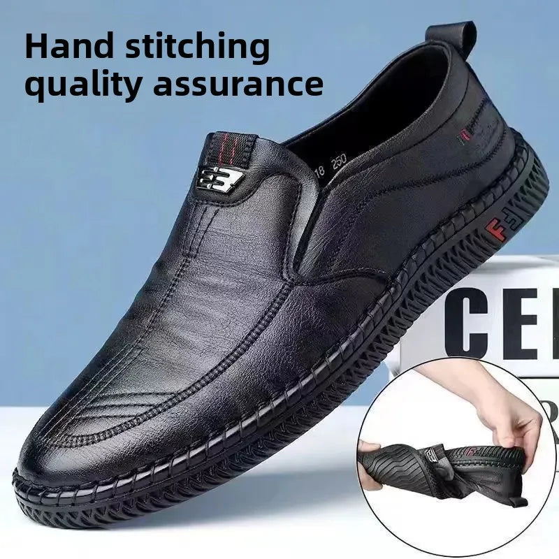 Zapatos de conducción de cuero cómodos para hombre, sin cordones, con suela suave, antideslizantes, transpirables, para personas de mediana edad y mayores.