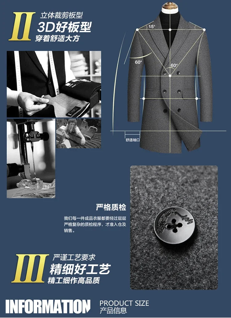 Nueva chaqueta cortavientos larga de lana de alta calidad para hombre, color negro y gris, clásica, gruesa y cálida, ideal para otoño e invierno (2025).