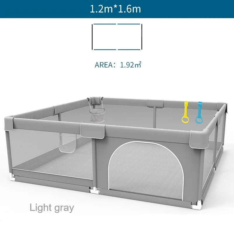 Corralito para bebés IMBABY gris claro con anilla de tiro, barrera de seguridad para niños, cerca y caja de pelota para juegos.