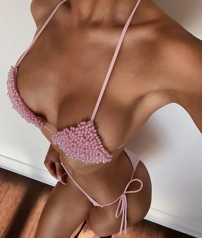 Bikini de lujo con perlas y escote halter, mini bikinis, micro bikinis, traje de baño femenino, conjunto de bikini de dos piezas, traje de baño para mujer