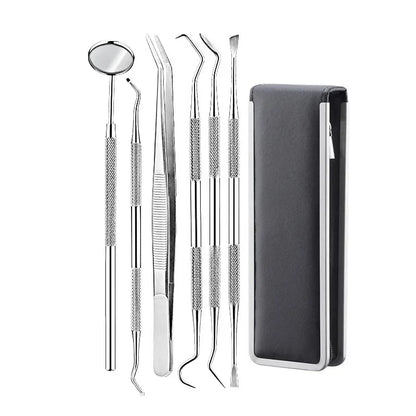 Juego de herramientas de acero inoxidable para dentistas, 4, 5 y 6 piezas, pinzas, azada, hoz, raspador, espejo, limpieza de sarro.