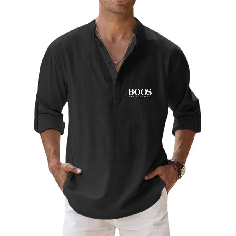 Camisa de lino 100 % algodón de manga larga con bordado de alta calidad para hombre, nueva camiseta informal holgada de negocios para otoño