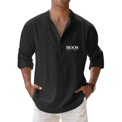 Camisa de lino 100 % algodón de manga larga con bordado de alta calidad para hombre, nueva camiseta informal holgada de negocios para otoño