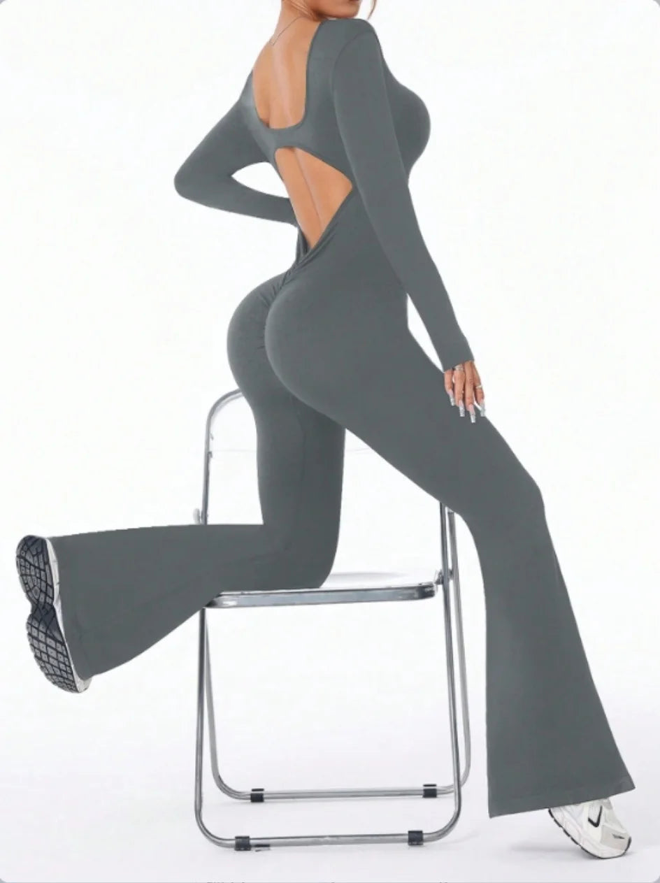 Mono deportivo de compresión de manga larga de color sólido de alta calidad para mujer, pantalones acampanados, conjunto de yoga sexy con efecto push up