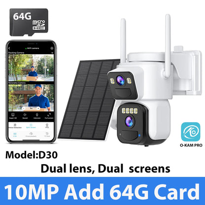 Cámara de seguridad exterior inalámbrica WiFi solar de 10 MP y 5K con doble lente, doble pantalla, seguimiento automático y zoom digital 5X. Incluye doble lente y doble pantalla.