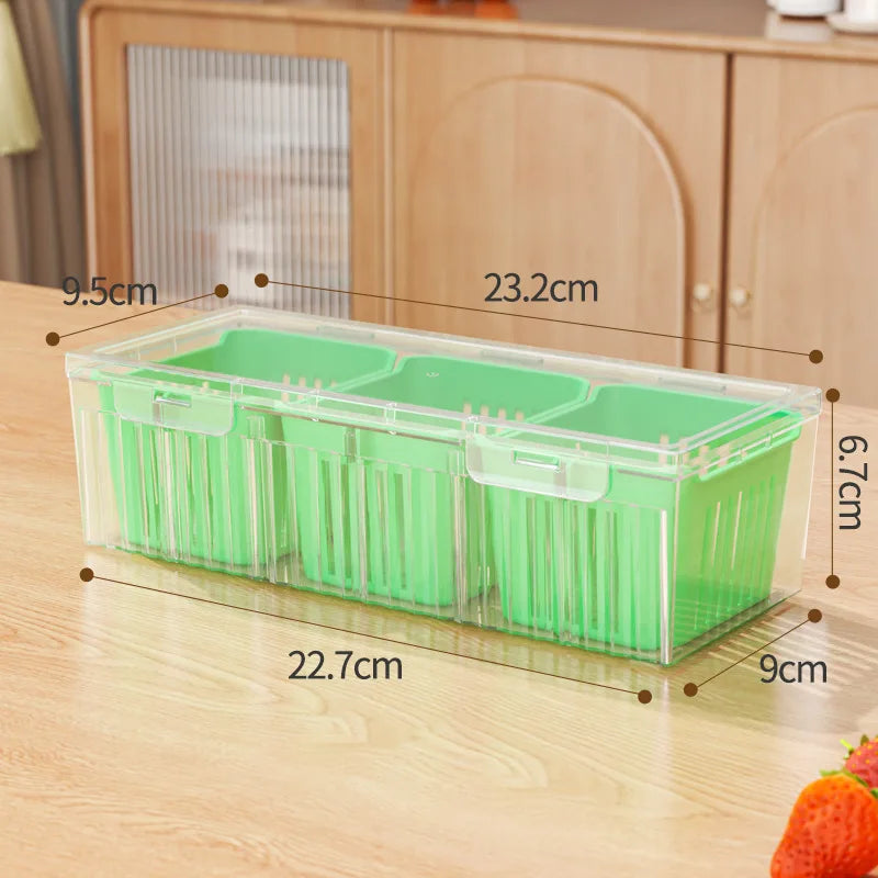 Cajas de almacenamiento para refrigerador de 3 rejillas, organizador para ajo, cebolla y pimiento, escurridor de frutas y verduras, recipientes sellados para cocina.