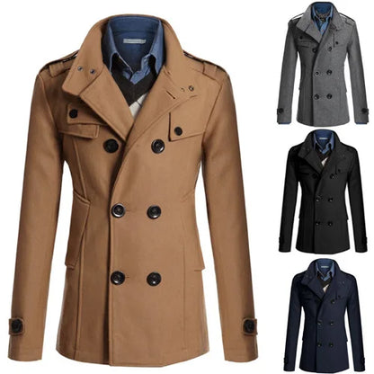 2025 New Jacket Men's Windbreaker Winter Men's Woolen Blend Double Breasted Standing Collar Long Sleeved Casual Jacket Jacket