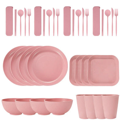 Juego de 36 platos de paja de trigo ecológicos para ramen, vajilla para cena, juego de vajilla para acampar con cuchillo, tenedor y cuchara.