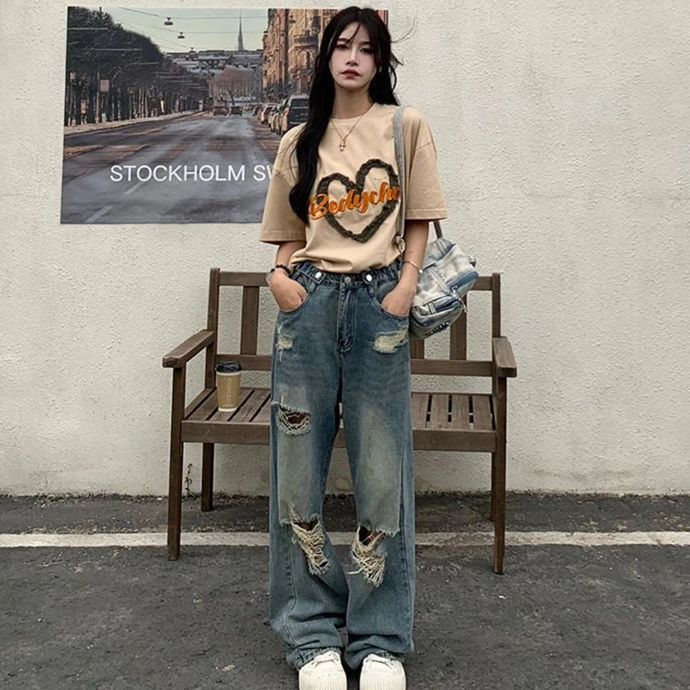 Pantalones vaqueros retro americanos con agujeros para mujer, cintura alta, tiro recto, diseño holgado y ajustado, estilo urbano, pierna ancha y largos.