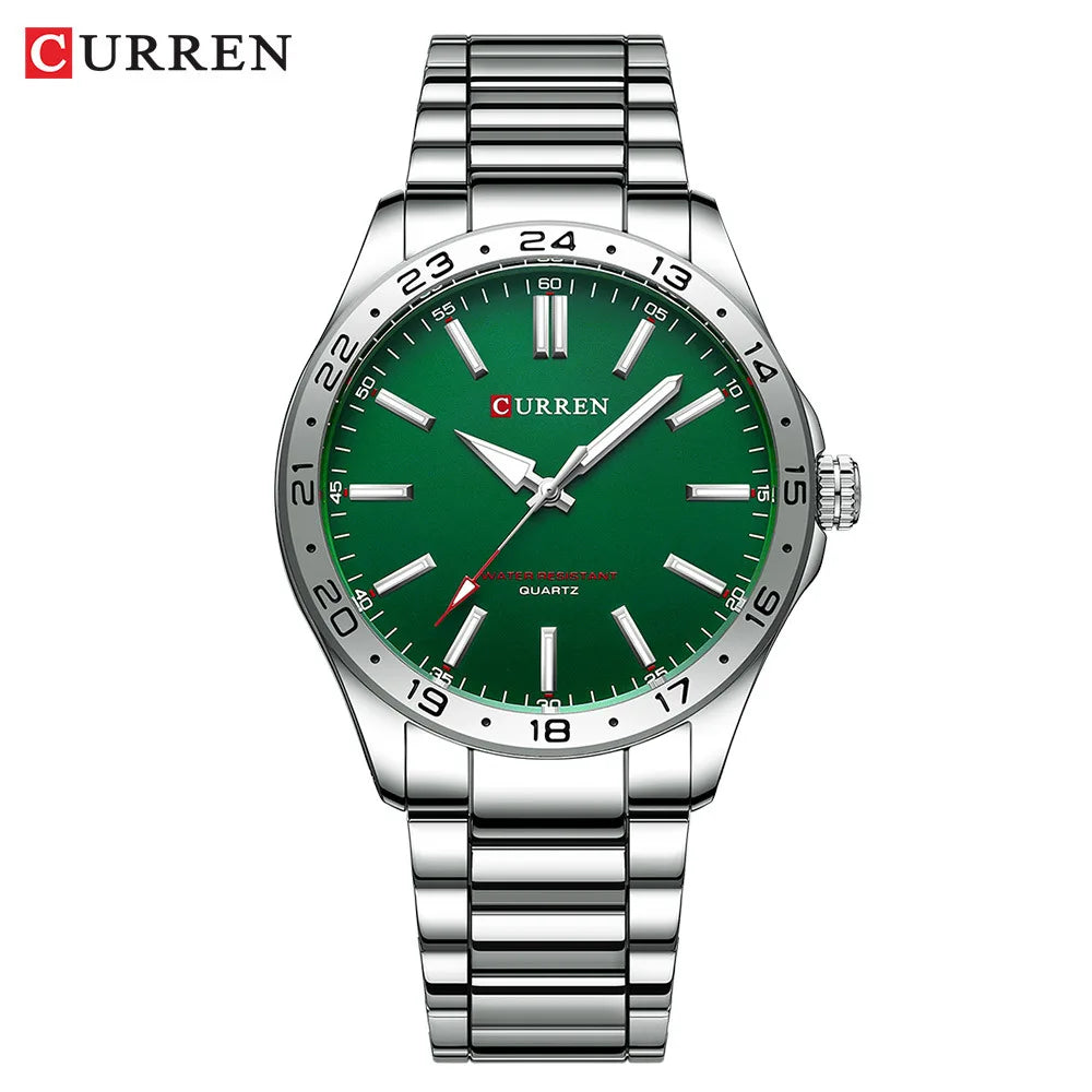 CURREN 8452 Reloj de cuarzo para hombre, sencillo, moderno, para ocio y negocios, con correa de acero inoxidable negra y plateada.