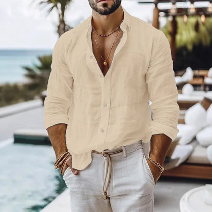 Camisa de lino y algodón para hombre, estilo playero veraniego, color liso, un solo botón, transpirable, ligera y elegante.