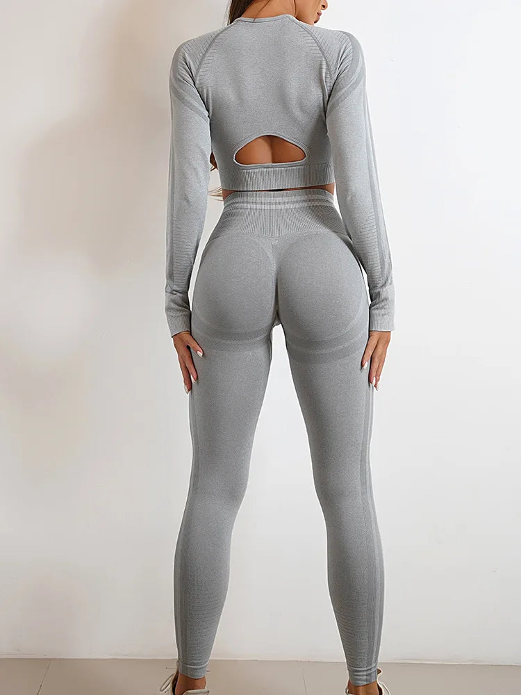 Conjuntos de ropa deportiva de media pieza sin costuras para mujer, conjuntos de gimnasio de manga larga, sujetador deportivo de yoga, leggings push up y mallas deportivas.