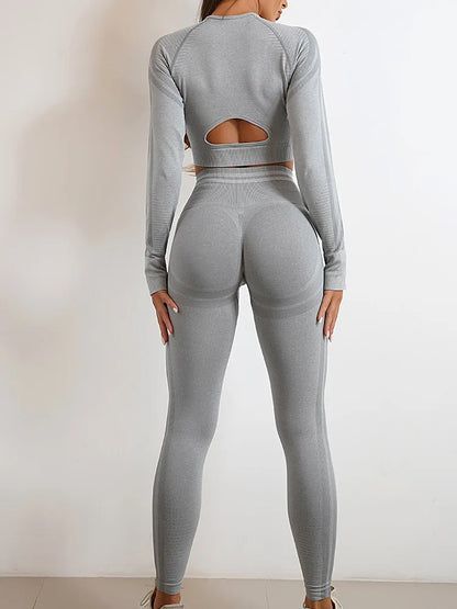 Conjuntos de ropa deportiva de media pieza sin costuras para mujer, conjuntos de gimnasio de manga larga, sujetador deportivo de yoga, leggings push up y mallas deportivas.