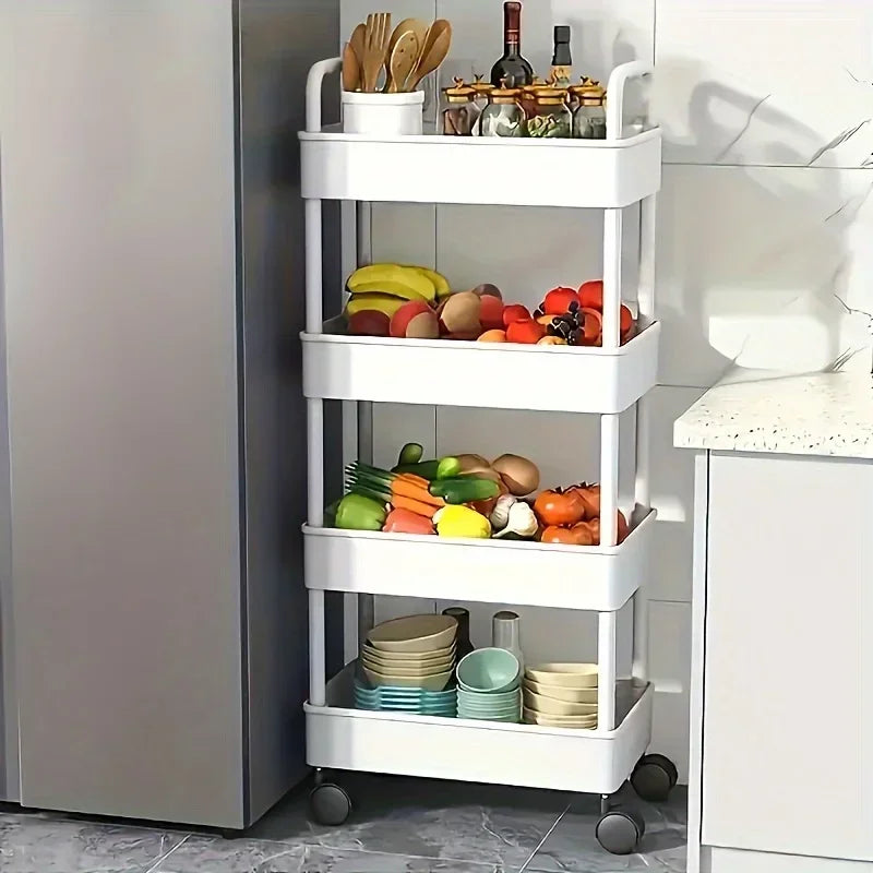 Carrito de almacenamiento multifuncional blanco con ruedas 2025: estantes abiertos para sala de estar y exhibición de libros, ideal para cocina y dormitorio.