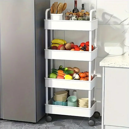 Carrito de almacenamiento multifuncional blanco con ruedas 2025: estantes abiertos para sala de estar y exhibición de libros, ideal para cocina y dormitorio.