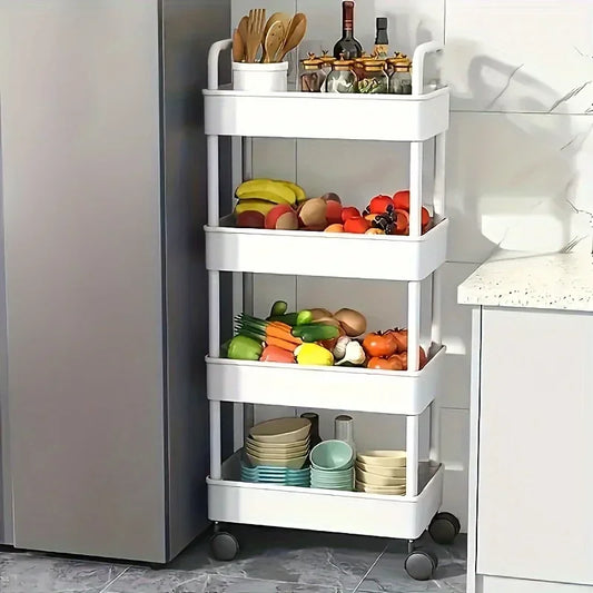 Carrito de almacenamiento multifuncional blanco con ruedas 2025: estantes abiertos para sala de estar y exhibición de libros, ideal para cocina y dormitorio.