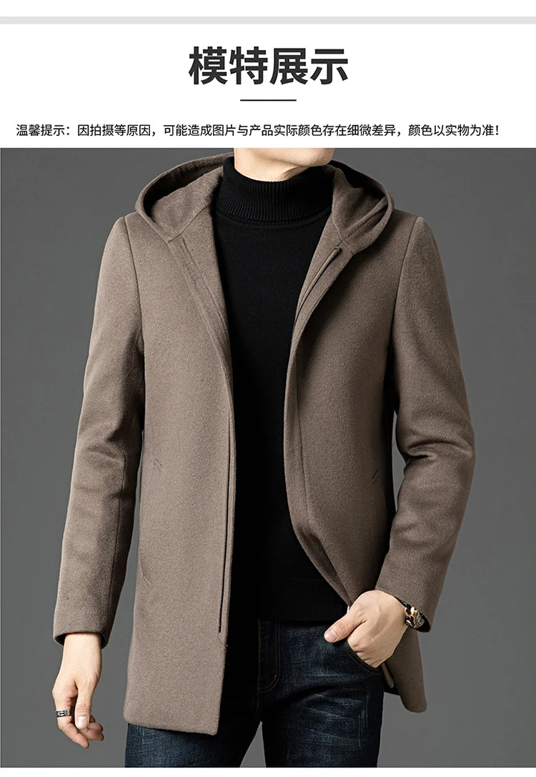 Abrigo largo de lana para hombre COMXZ, colección invierno 2025, gabardina de cachemir de diseño, chaqueta con capucha y forro de plumón de pato blanco, abrigo de lana de lujo