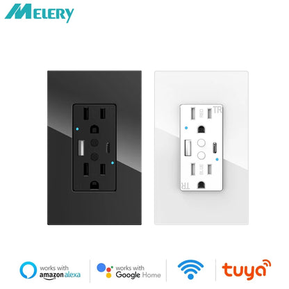 Enchufe inteligente de pared Melery Tuya WIFI para EE. UU. con doble salida, USB tipo C, carga rápida PD de 20 W, cristal, control remoto compatible con Alexa y Google Home.