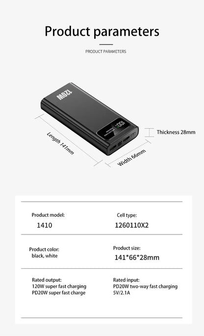 Banco de energía Xiaomi de 500.000 mAh y 120 W con carga ultrarrápida y pantalla digital de alta capacidad para iPhone, Samsung y Huawei.