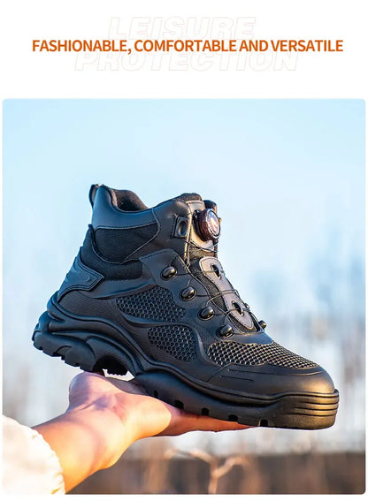 Botas de trabajo con hebilla giratoria, zapatos de seguridad con punta de acero, zapatos de seguridad transpirables para hombre, zapatos indestructibles de marca, zapatos de trabajo a prueba de pinchazos.