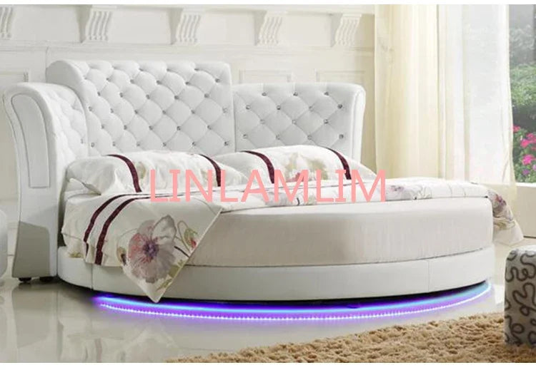 Marco de cama inteligente, camas para dormitorio, camas iluminadas, muebles de dormitorio, luz LED redonda de cuero genuino