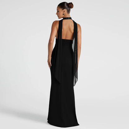 Summer 2025 Women's Sexy Deep V-Strap Hanging Neck High Cut Split Dress Solid Color Bareback Fashionable Split Dress