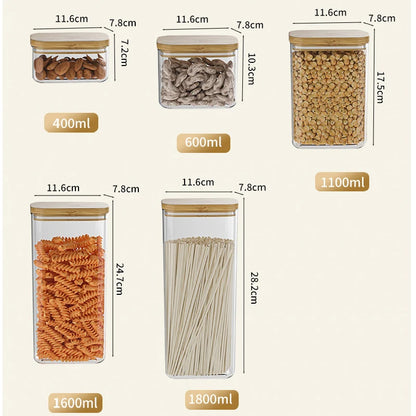 Tarro de plástico cuadrado sellado de 1100 ml para alimentos, con tapa de bambú, para cereales de cocina, transparente, para té y utensilios de cocina.