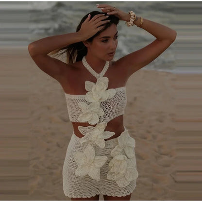 Vestido largo de punto con cuello halter y estampado floral, sexy, sin mangas y con espalda descubierta, estilo maxi, colección 2024. Ideal para la playa y las vacaciones.