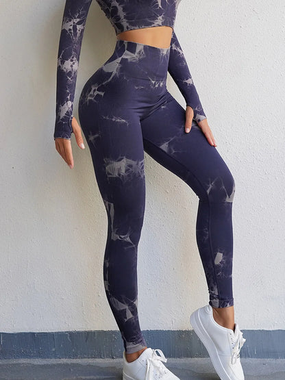 VEQKING - Ropa de yoga teñida para mujer, top corto de manga larga, pantalones de yoga de cintura alta, conjuntos deportivos, ropa de gimnasio de secado rápido