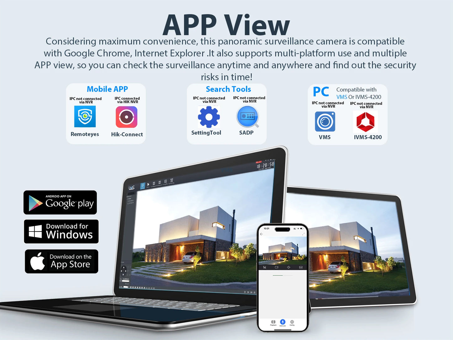 Cámara IP panorámica VIKYLIN compatible con Hikvision, 8 MP, 2 lentes, audio bidireccional, alarma MD2.0, videovigilancia exterior.