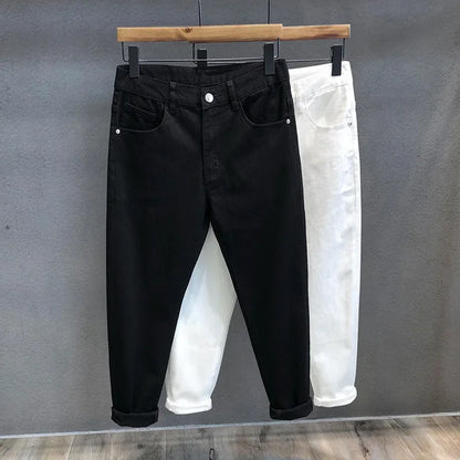 Pantalones vaqueros blancos elásticos de moda de verano para hombre, ajustados, estilo coreano, pantalones cortos, ropa informal de alta calidad.