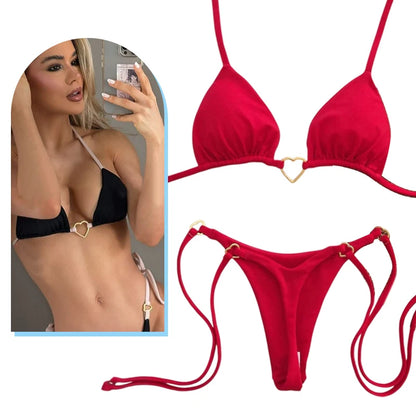 Bikini de dos piezas de color liso con escote halter y tiras, estilo triángulo, con hebilla metálica en forma de corazón. Traje de baño con cordones para mujer.