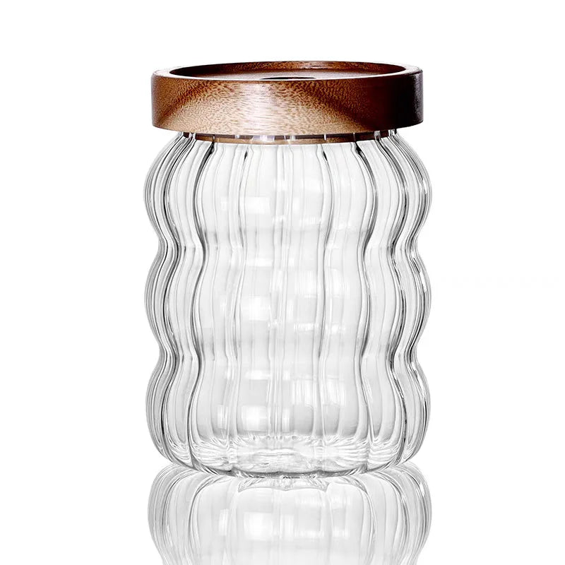 Recipiente hermético de vidrio rayado con tapa de madera para almacenamiento en la cocina, botellas, frascos, recipientes para alimentos, granos de café, cereales y dulces.