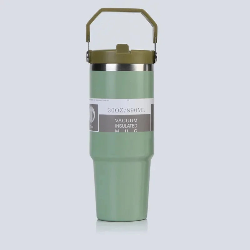 Vaso portátil de acero inoxidable de 30 oz con aislamiento para coche, con pajita y doble pajita para bebidas frías, ideal para usar en el vehículo.