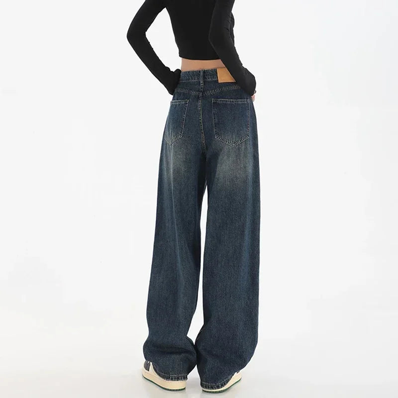 Pantalones vaqueros de cintura alta para mujer, ajustados, de pierna ancha, estilo urbano, estilo Y2k, años 2000, holgados, negros y azules