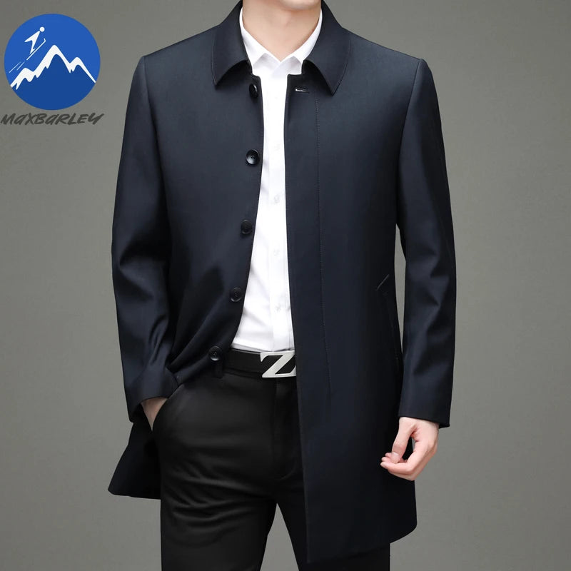 Gabardina coreana Maxbarley para hombre, otoño 2025, estilo casual de negocios, cortavientos, abrigo largo de estilo urbano.