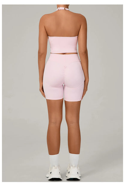 Ctenkevet - Conjunto de 2 piezas de sujetador halter sin espalda para mujer, ropa deportiva de secado rápido para gimnasio, conjunto deportivo femenino de dos piezas con pantalones cortos